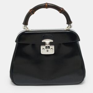 Gucci Bamboo Lady Lock Medium Black Glossy Leather Top Handle Bag
